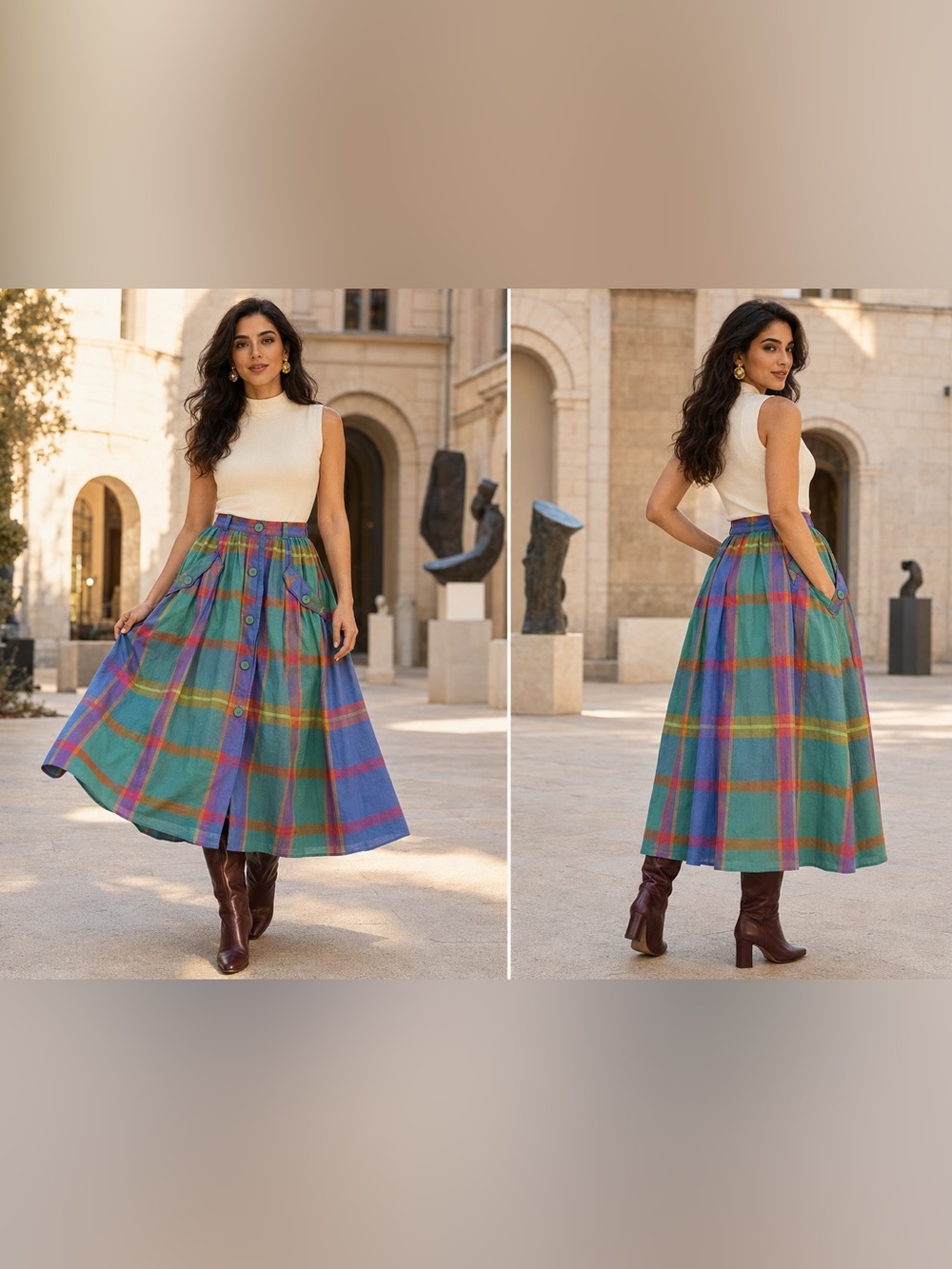 Verdosa Paris Multicolor Plaid Button-Front Full Midi Skirt